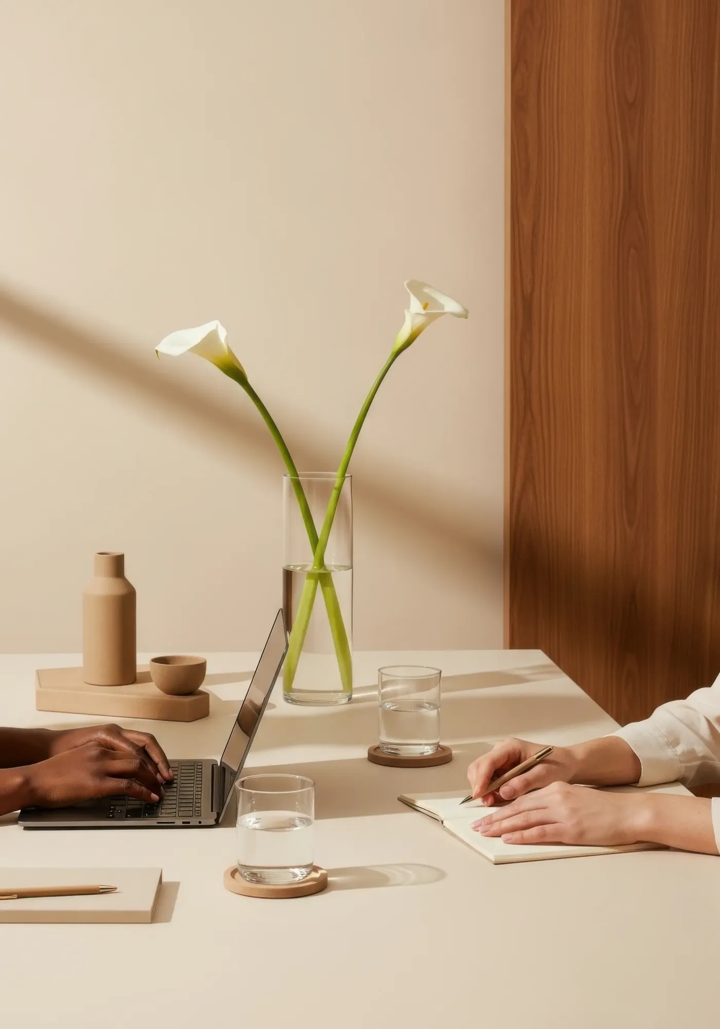 A bright training table with a calla lily in a vase