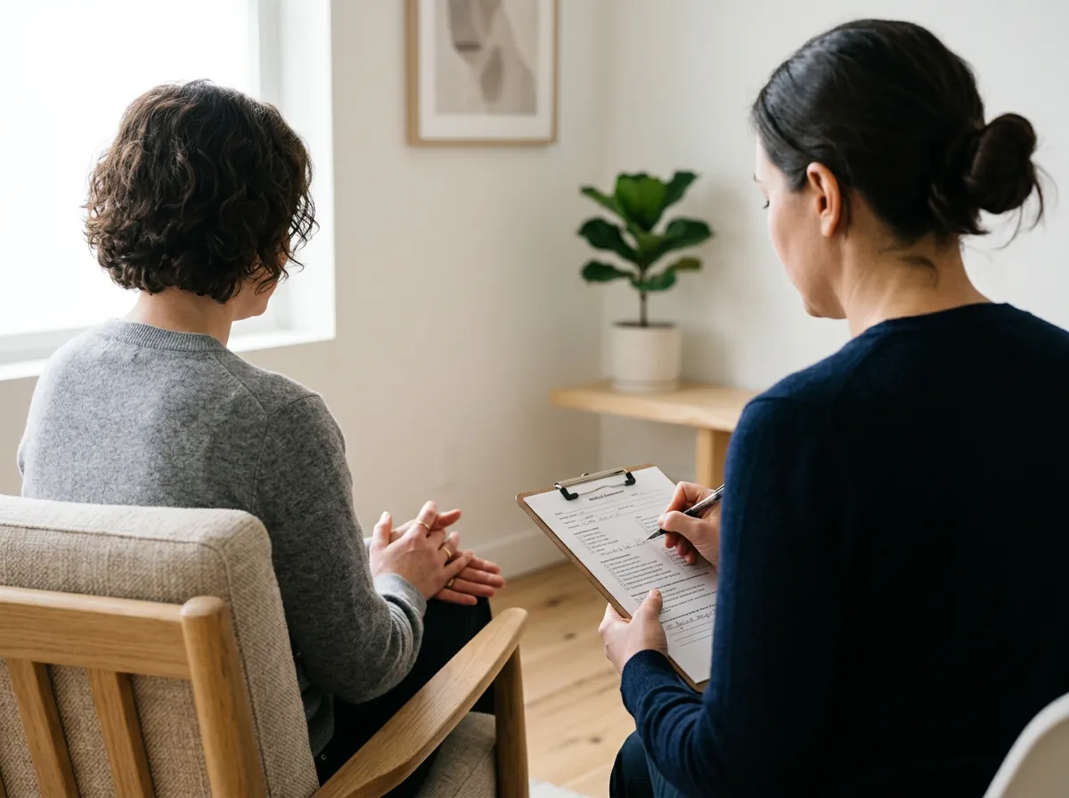 A therapist taking intake notes on a clipboard with a client