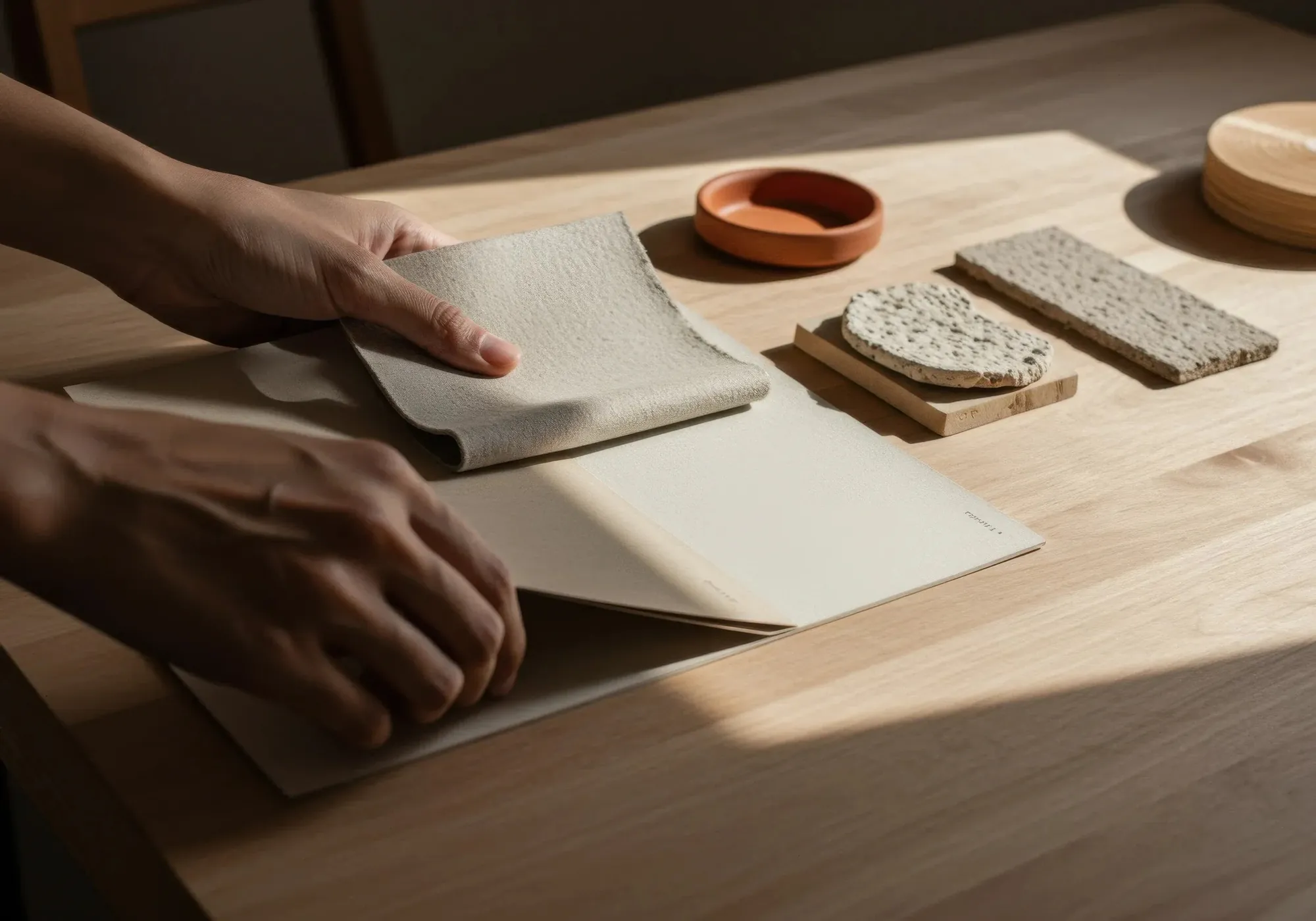 Hands organizing printed course materials on a table