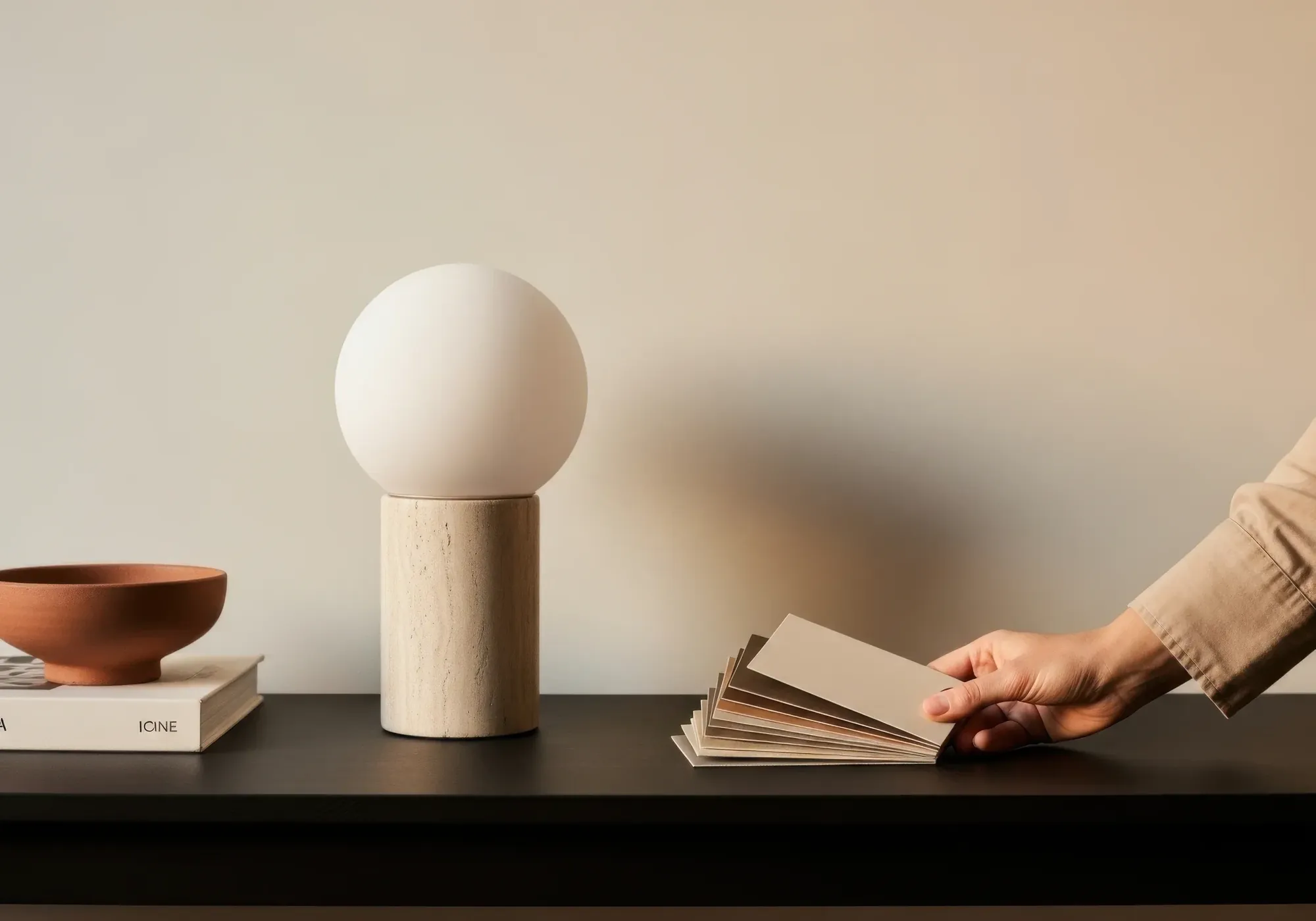 A reading lamp and an open book on a quiet desk